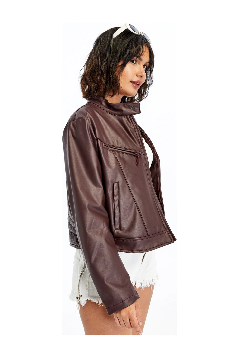 Kadın Deri Ceket Niş Kompakt Tasarım Mont Günlük Kullanım Fermuar Hakim Yaka Şık Ceket Bordo