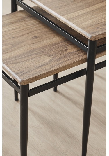 Damrin Serisi Traverten Desen 1. Sınıf Mebran Mdf 3 Lü Zigon Sehpa Takımı Ceviz Desen - Siyah Ayak