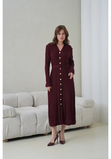 Kadın V Yaka Ful Düğme Kapama Kemer Detay Maksi Boy Fitilli Triko Elbise Mürdüm