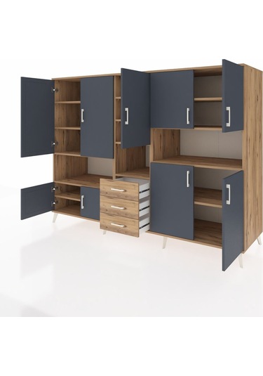 Kronos Dolap 13 Raflı 3 Çekmeceli 9 Kapaklı 220x59x163 Çam-antras Çam-antrasit/çam