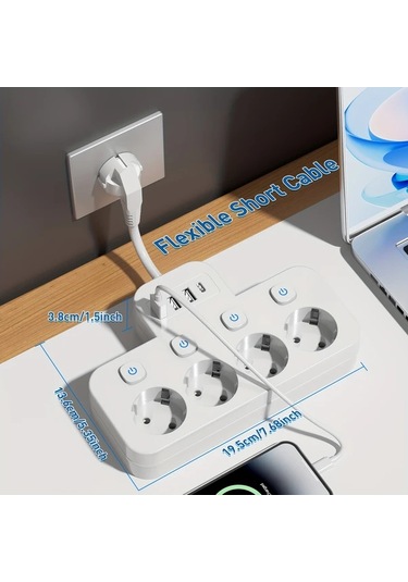 Xuweiwei 8li Güç Şeridi Siyah 4 Ac Çıkış 3 Usb Bağlantı 1 Tip-c Kompakt Duvara Monte Edilebilir Ofis Ev Seyahat İçin Avrupa Standart Fiş