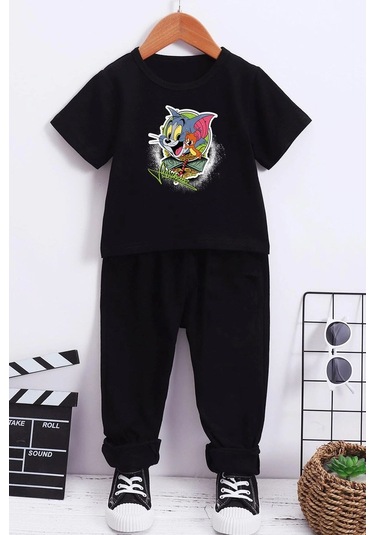 Çocuk Tom & Jerry Alt - Üst Eşofman Takımı Siyah