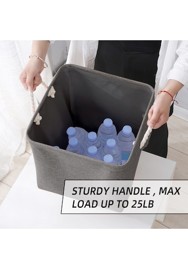 Leezsing Büyük Katlanabilir Kumaş Keten Saklama Kutuları 3'lü Set Raflar, Dolaplar İçin Keten Halat Saplı Katlanabilir Sağlam Dikdörtgen Sepetler Gri Renk