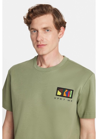 Relax Fit Rahat Kesim Pamuklu Ön Ve Arka Baskı Ve Nakış Detaylı Bisiklet Yaka Haki Tişört-34891 Haki