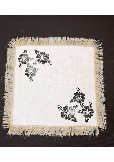 %100 Pamuklu Ham Keten Hasır Püsküllü Çiçek Taş Baskı 6' Lı Amerikan Servisi Supla Kare 42 Cm Naturel