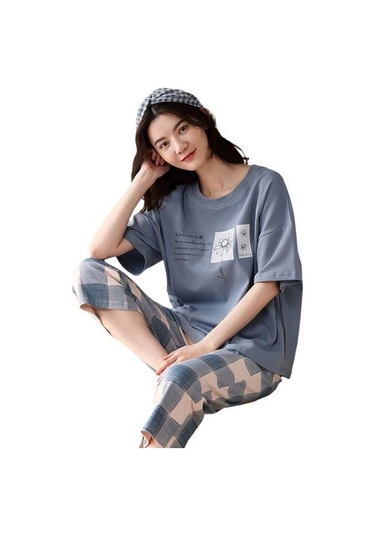 Mavi Salon Pijama O-boyun Uyku Nefes Kızlar Yaz Karikatür Baskı T-shirt Mahsul Pantolon Seti Günlük Giyim Mavi Mavi Salon Pijama O-boyun Uyku Nefes Kızlar Yaz Karikatür Baskı T-shirt Mahsul Pantolon Seti Günlük Giyim Mavi