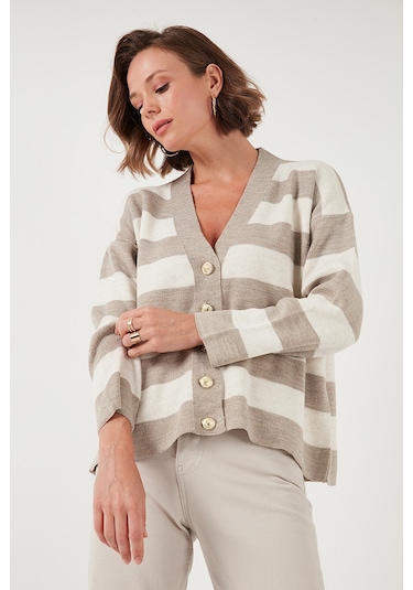 Lela Regular Fit Çizgili V Yaka Düğmeli Soft Akrilik Bayan Hırka 4615188 Vizon-Taş