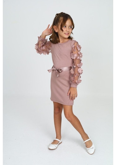 Belden Bağlamalı Tül Detaylı Çocuk Elbise Mykids Collection Pudra