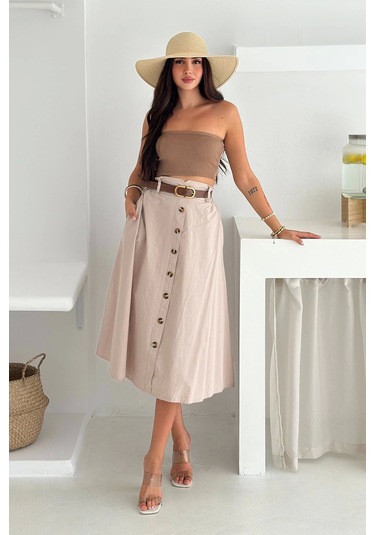 Kemerli Boydan Düğmeli Keten Etek Krem Krem