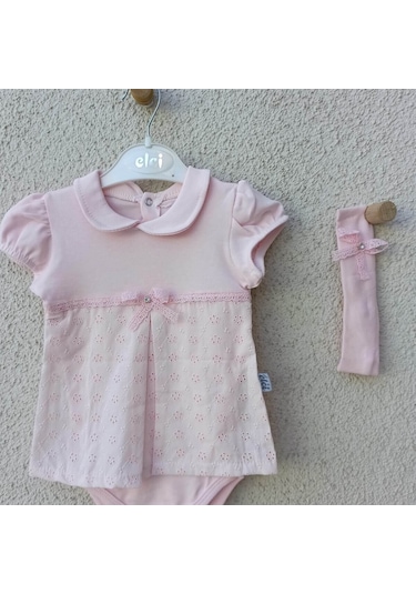 3-9 Ay Bebek Yaka Çiçek İşlemeli Bandanalı Badi Pembe