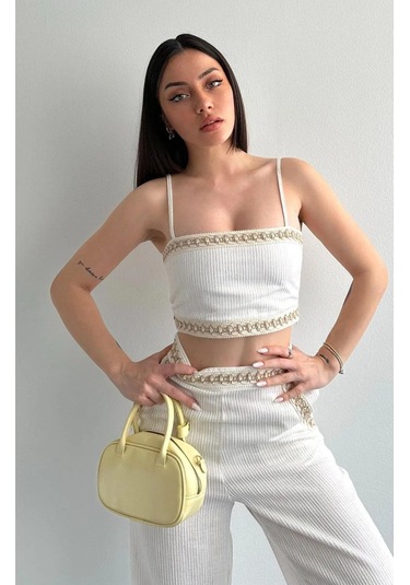 Çizgi Dokulu Dantel Şeritli Cepli Beli Lastikli Pantolon Sırt Lastikli Spor Büstiyer Keten Takım Bej