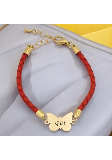 Gül İsmine Özel 14 Ayar Altın Plakalı Turuncu Derili Kelebek Motifli Hediye Bileklik-502isim Gül
