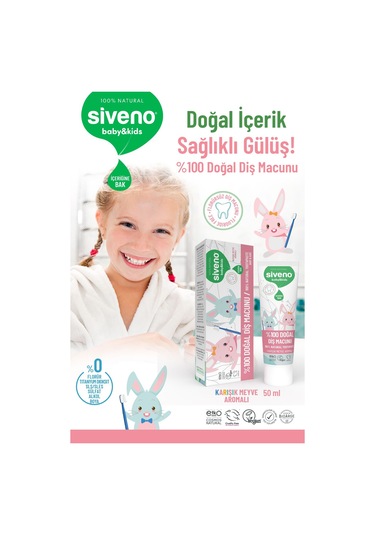 Siveno %100 Doğal Diş Macunu Bebek - Çocuk İçin Karışık Meyve Aromalı Florürsüz 50 ml