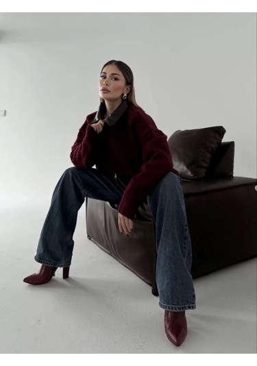 Deri Yakalı Pamuk Dokulu Çift Taraflı Çalışan Fermuar Ceket - Bordo Bordo