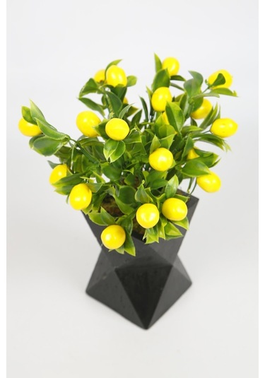 Siyah Beton Saksıda Limon Ağacı Yapay Ağaç Vazoda Yapay Bitki Kahverengi