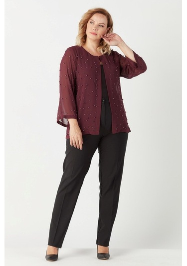 1951 Mürdüm İnci Ve Taş Baskılı Şifon Büyük Beden Şık Ceket Mürdüm