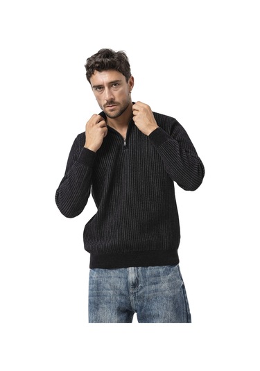 Cp286 Erkek Fermuarlı Triko Kazak Siyah