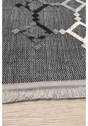 Gri Nakışlı Salon Halısı Dekoratif Kaymaz Modern Mutfak Halısı