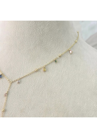 Renkli Taşlı Y Kolye Gold Gold