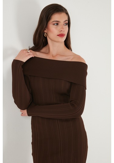 Lela Premium Fitilli Carmen Yaka Slim Fit Midi Boy Triko Bayan Elbise 680El00033 Kahve