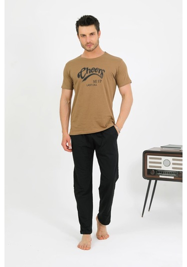 Akbeniz Erkek Pamuk Kısa Kol Pijama Takım Vizon 6875 Vizon