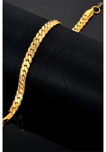 Ezme Hasır Yassı Yılan Sarı Erkek Çelik Bileklik Künye Scb19 Altın