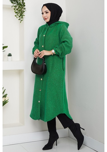 Çizgi Detay Kapüşonlu Kaşe Kap 1634 - Yeşil Yeşil