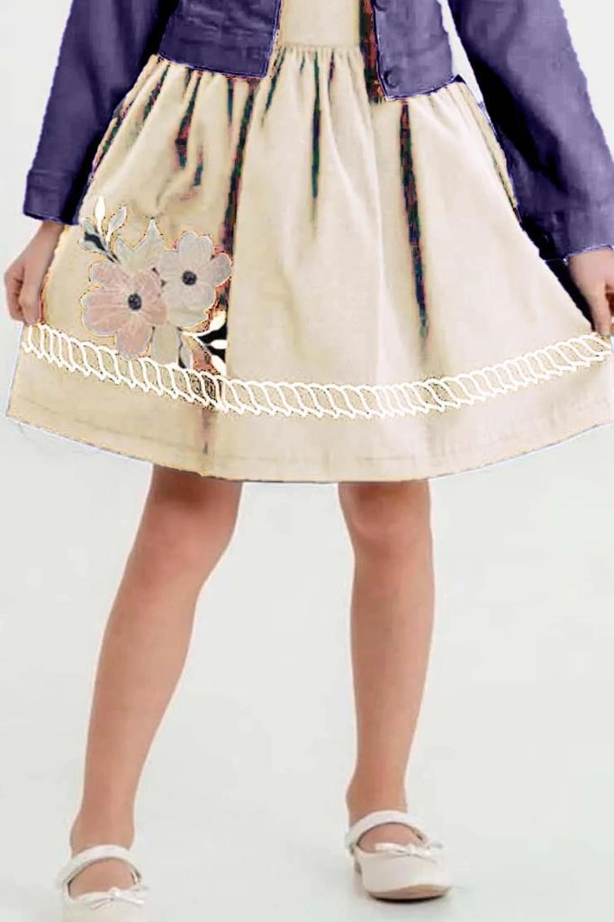 Riccotarz Kız Çocuk Üzerinde Jeans Ceket Ve Çiçek Dikiş İşlemeli Krem Elbise Krem