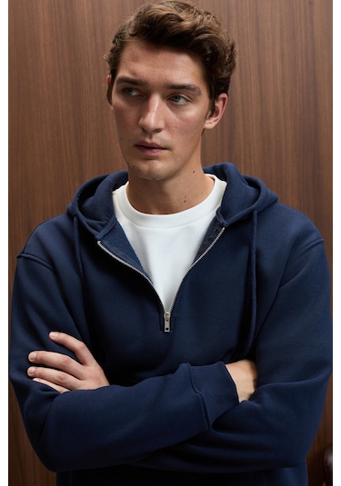 JUSTUS Erkek Kapüşonlu Kanguru Cepli Fermuar Yakalı Lacivert Sweatshirt