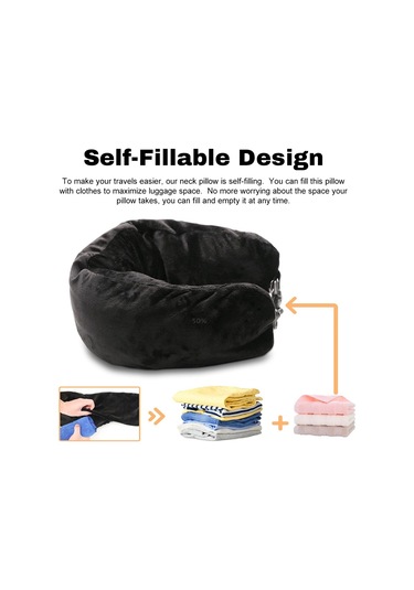 Padalink Seyahat Boyun Yastığı - Kıyafet Dolgulu Çantası, Su Geçirmez Lycra, Uçak Yastığı, 18x78 Cm Siyah, Çok Amaçlı Stokaj Siyah