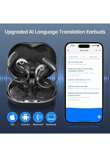 Yunboo Aı Canlı Çeviri Kulaklığı 144 Dil, Müzik Ve Arama Üçlü Fonksiyonlu, Kablosuz Bluetooth, Seyahat İş Öğrenme İçin İos Ve Android Uyumlu