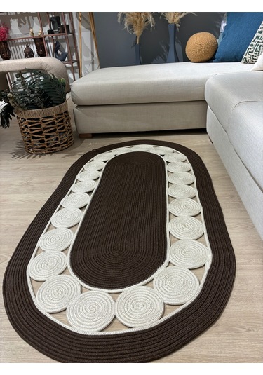 Cookie Jüt Hasırlı El Örgüsü Kilim Kahverengi - Krem