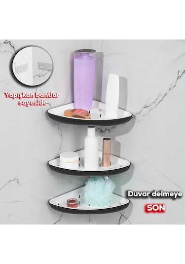 Porsima 0447 3'lü İstiridye Banyo Köşe Rafı Yapışkanlı Raf Siyah