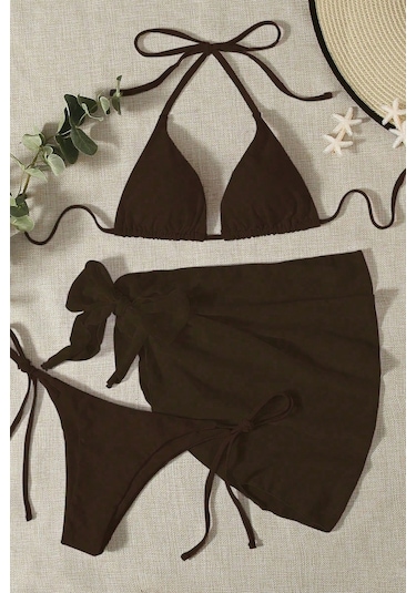 Angelsin Pareolu Bağlamalı 3'lü Bikini Takım Set Çıkartılabilir Kaplı Siyah