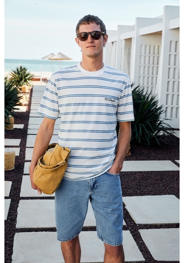 WOODY Erkek %100 Pamuk Nakış Detaylı Bisiklet Yaka Çizgili Regular Fit Beyaz-Mavi Çizgili T-Shirt