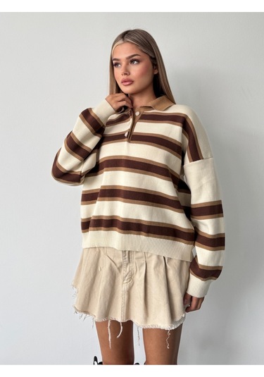 Kadın Polo Yaka Çizgili Triko Kazak Bej