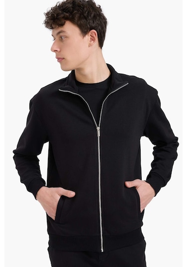 DeFacto Comfort Regular Fit Rahat Kalıp Dik Yaka Cepli Basic Düz Fermuarlı Sweatshirt A5276AX25SPBK81