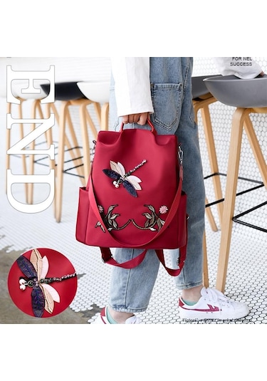 Kırmızı Yogodlns Nakış Dragonfly Su Geçirmez Sırt Çantası Kadın Oxford Omuz Çantası Rahat Seyahat Sırt Çantası Sırt Çantası Kırmızı