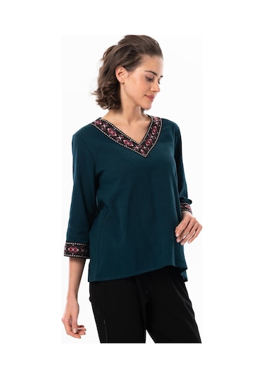 Truvakar Kol V Yaka Nakışlı Talya Şile Bezi Yazlık Bluz Petrol Ptrl-petrol