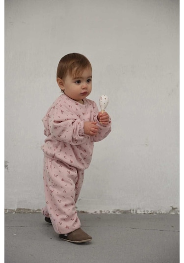 Pembe Çiçek Baskılı Şalvar Takım Pembe