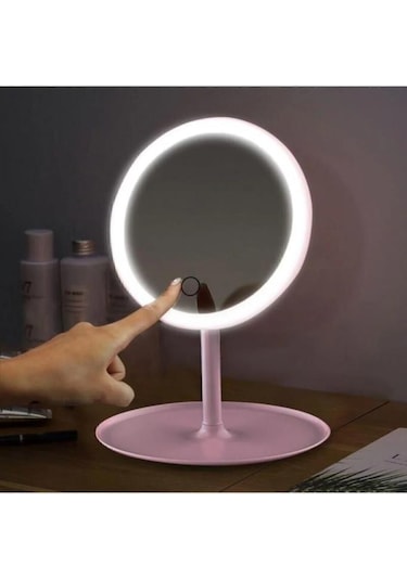 Dokunmatik Led Işıklı Usb Şarjlı Yuvarlak Makyaj Aynası Pembe SM8036