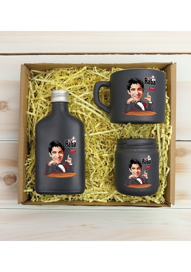 Bk Gift Kişiye Özel Dtf The Baba Karikatürlü Antrasit Kahve Fincanı + Kolonya + Mum Seti 2
