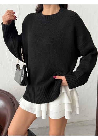 Kadın Yumuşak Dokulu Bisiklet Yaka Oversize Basic Triko Kazak Siyah