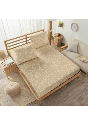 Battal Boy Lastikli Çarşaf Ve Yastık Kılıfı Sütlü Kahve Yıldız Desenli 180x200