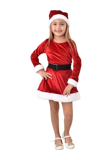 Yeni Sezon Yılbaşı Elbise Kukuleta Kemer 3 Parçalı Takım Noel Elbise Kırmızı Kadife Kırmızı