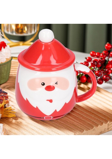 Yaleker Noel Baba Desenli Seramik Bardak, 450ml Kapasite, Kapağı Ve Kaşığı İle, Çay Kahve Süt İçin, Ev Ofis Kullanıma Uygun Diğer