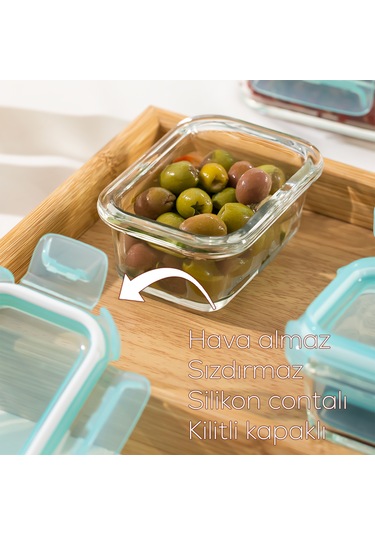 Porsima 4373 3 Lü Kilitli Sızdırmaz Kapaklı Yiyecek Erzak Saklama Kabı Seti - Cam Saklama Kabı - 150ml Yeşil Yeşil