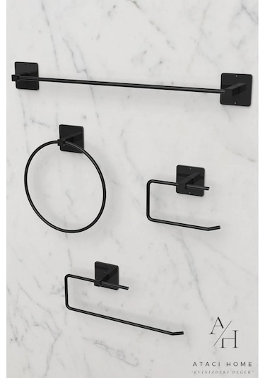Atacı Yapışkanlı 4lü Siyah Uzun Havluluk Sabunluk Wc Tuvalet Kağıtlık Yuvarlak Havluluk Banyo Seti Siyah