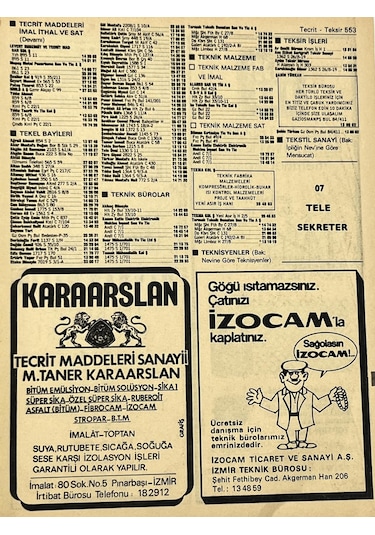 İzmir 1982-1983 Meslek Reklam İlanı Efemera S553