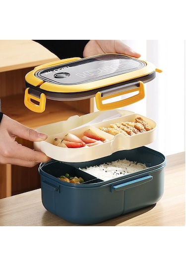 Taşınabilir Bölmeli Çift Katmanlı Öğle Yemeği Kutusu - Mavi